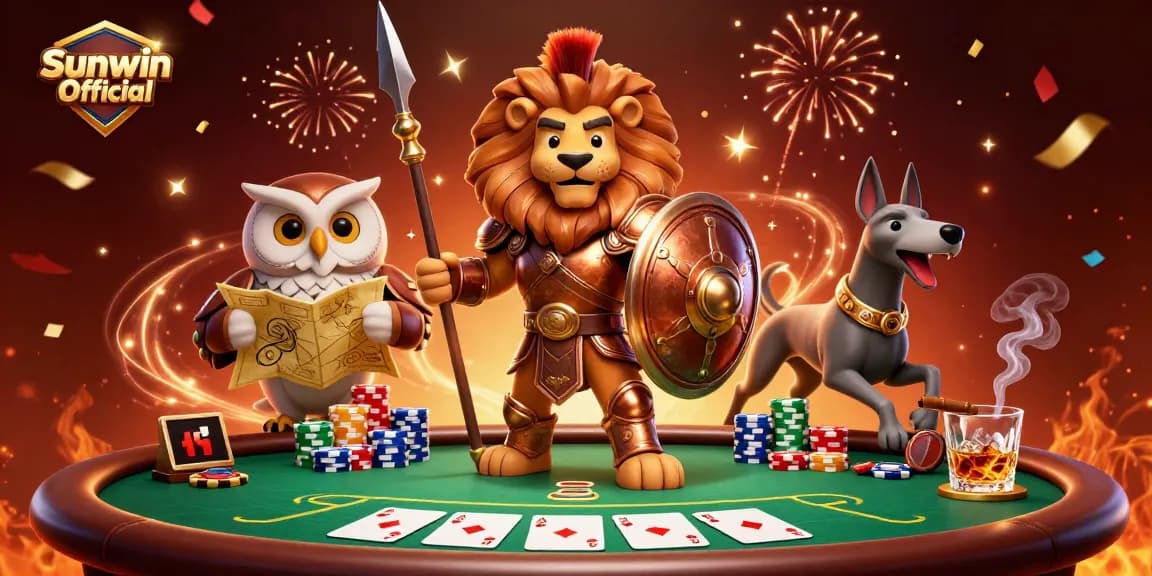 Engage in thrilling action with Sunwin Official as players strategize around a vibrant poker table with dynamic characters.