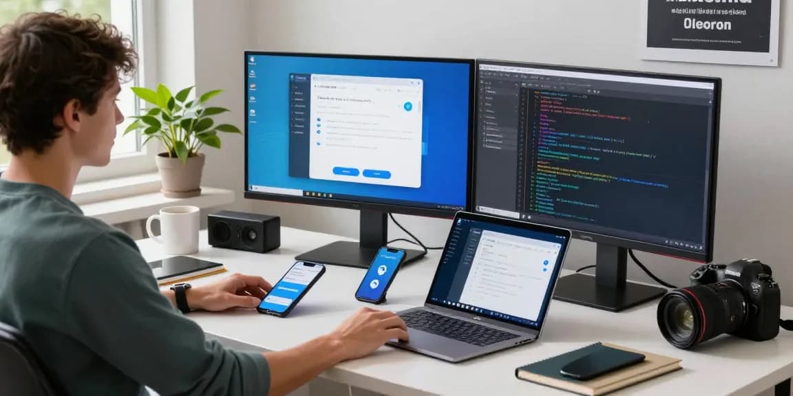 Explore Telegram下载 features in a modern tech workspace with vibrant tools and gadgets.