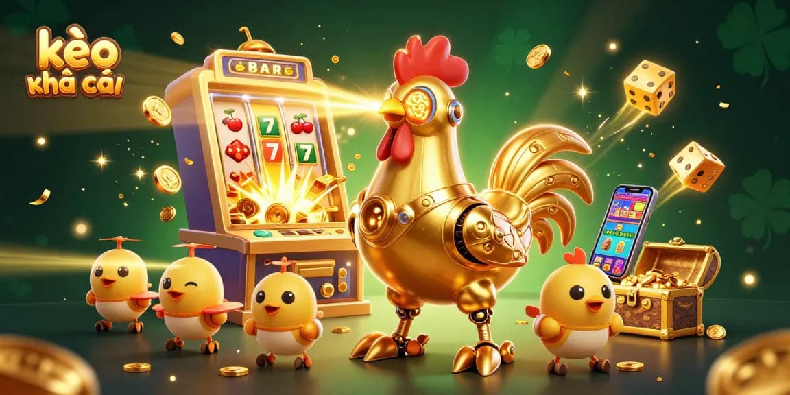 Experience kèo nhà cái with a dynamic 3D illustration of gambling action, golden rooster robot, and casino elements.