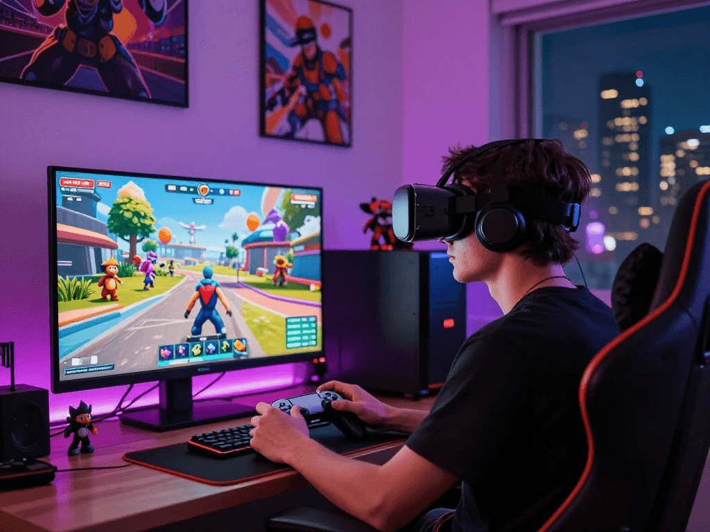 Immersive 3D porn game experience featuring a young man in a VR headset.