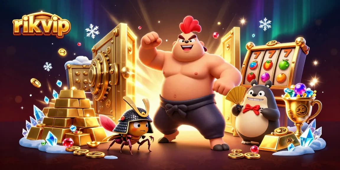 Experience rik vip's thrilling slots with a roaring sumo rooster and samurai cricket in action.