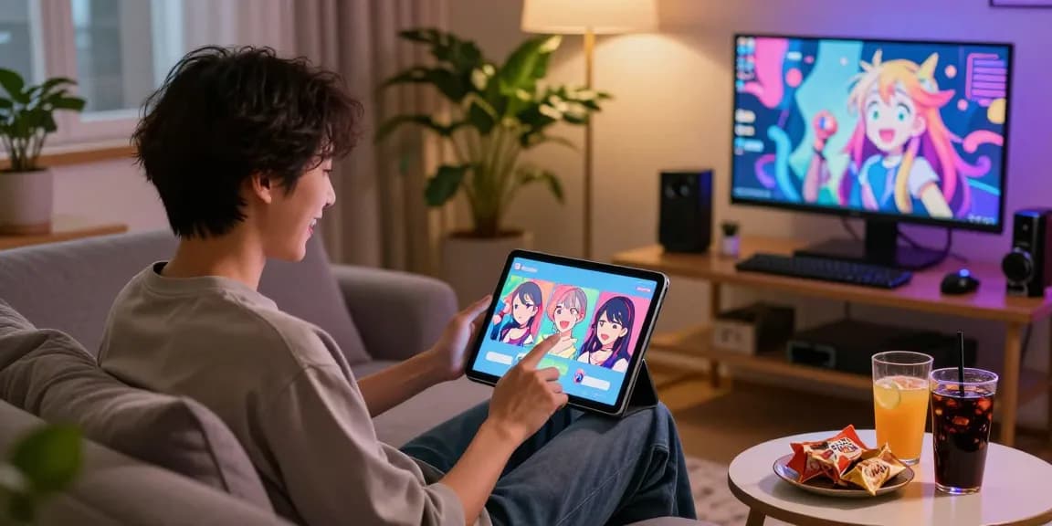 Interactive ecchi AI chatbot engaging a user in a cozy and playful digital space