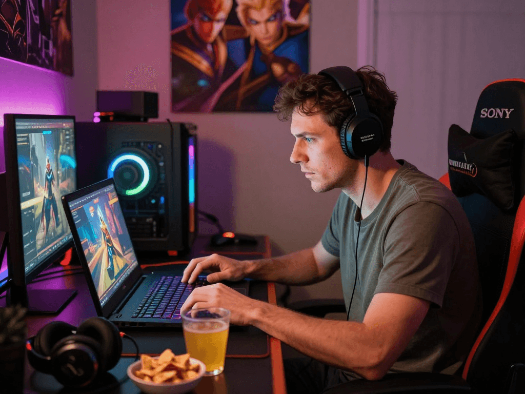 Engaged gamer playing an interactive porngame on a modern gaming laptop with immersive atmosphere and vibrant decor.