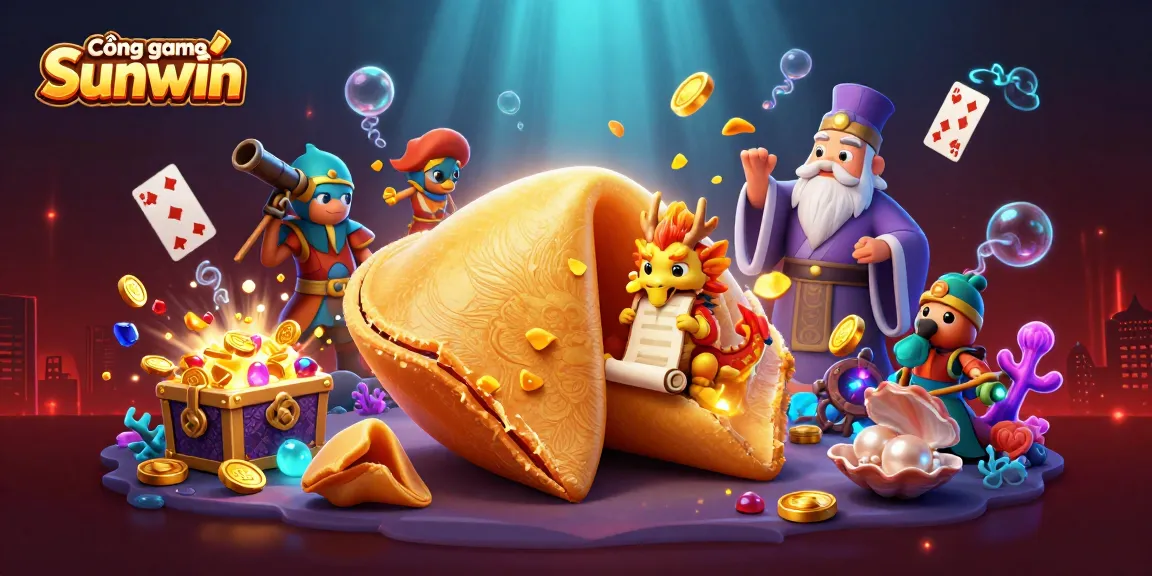 Cổng game Sunwin offers exciting gameplay illustrated with a golden fortune cookie, dragons, and treasure elements.