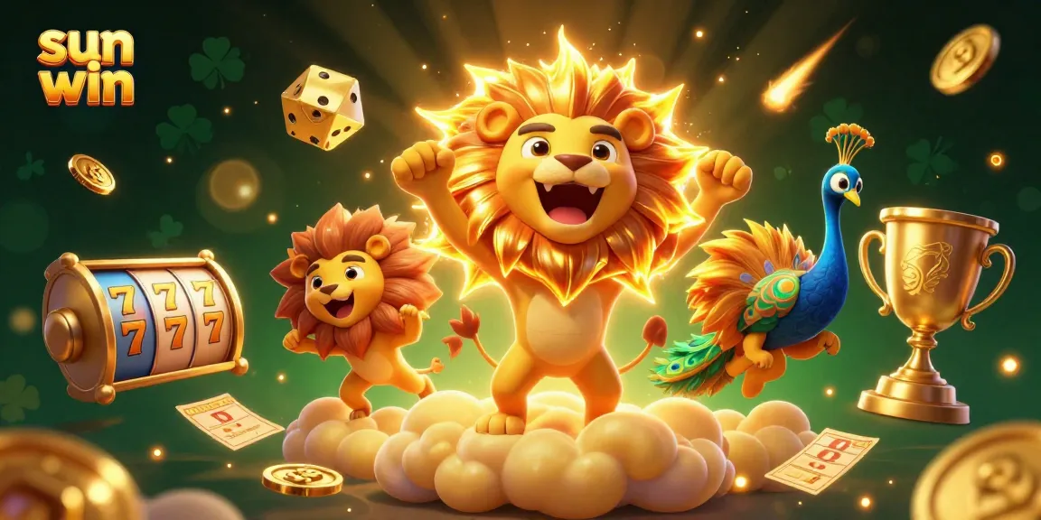 Experience the thrill of sun win with a vibrant 3D casino illustration showcasing slot reels and a roaring sun lion.