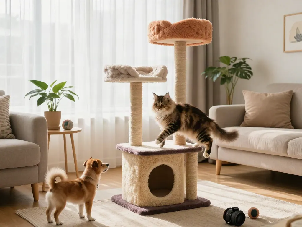 Playful cat on a stylish cat tower cat tree in a bright living room.