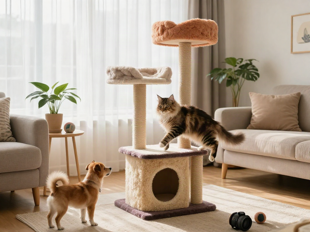 Playful cat on a stylish cat tower cat tree in a bright living room.