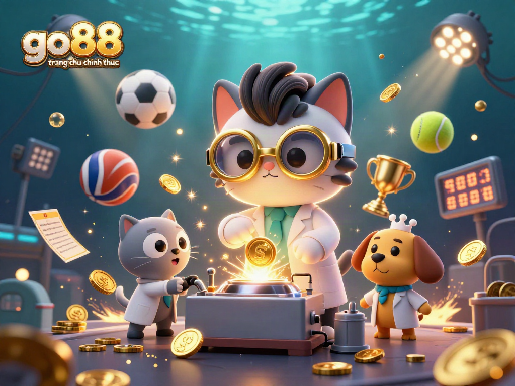 Engage in gaming with the go88 trang chu chinh thuc featuring a dynamic 3D scene of characters and casino elements.