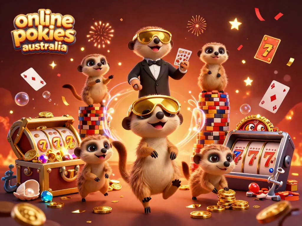 Experience the excitement of online pokies Australia with this vibrant 3D meerkat casino illustration, showcasing dynamic gameplay.