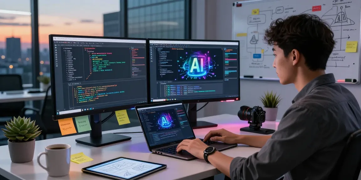 Engineer working on generative AI projects at a modern tech workspace with vibrant monitors and a motivating atmosphere.