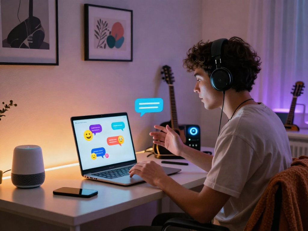 Engaging in ai porn chat on a laptop in a vibrant digital space.