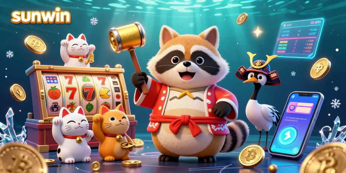 Experience sunwin's vibrant casino scene featuring a tanuki and lucky symbols in a festive, enchanting setting.