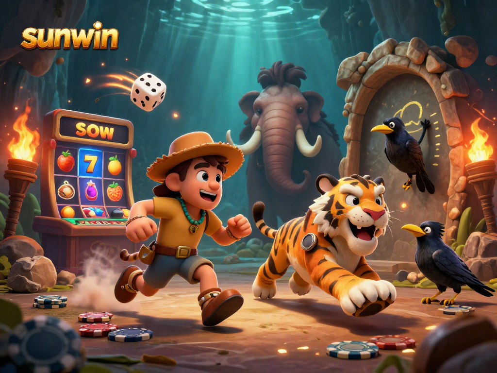 Experience sunwin's vibrant prehistoric casino scene with slots and dynamic elements.