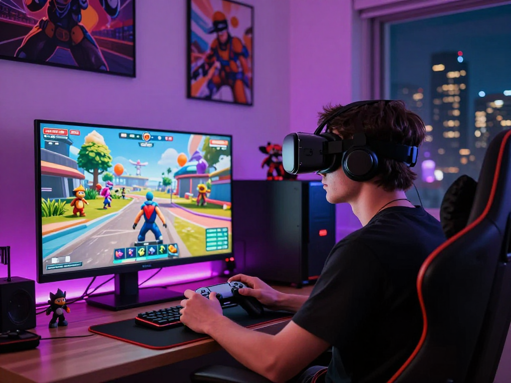 Immersive 3D porn game experience featuring a young man in a VR headset.