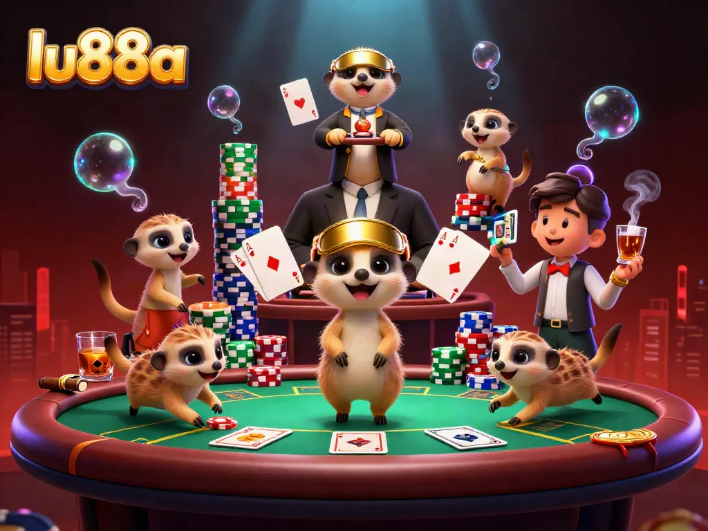 Engage in thrilling casino action with lu88a's unique meerkat characters in a colorful poker scene.