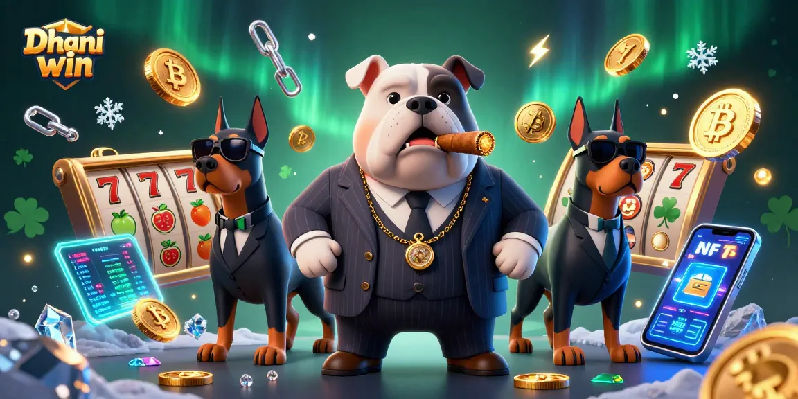 Dhani win shows a mafia bulldog and two Dobermann bodyguards amidst dynamic slot game elements for thrilling gameplay.