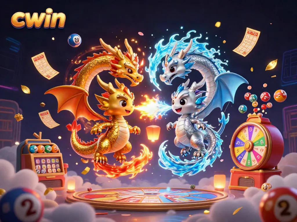 Cwin brings excitement alive with dragons, lottery elements, and casino action in this vivid illustration.