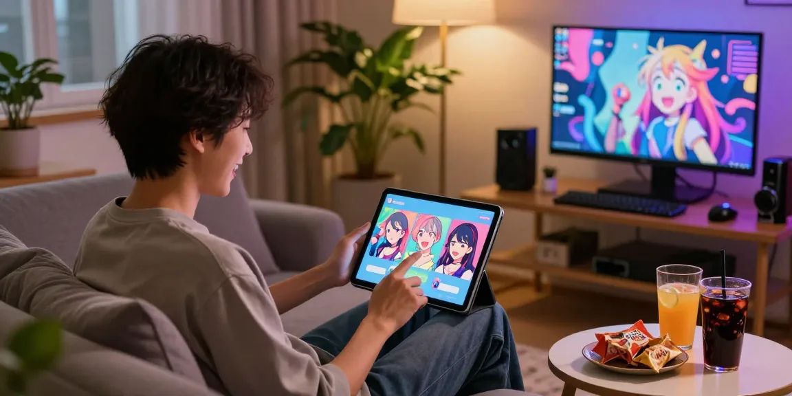 Interactive ecchi AI chatbot engaging a user in a cozy and playful digital space