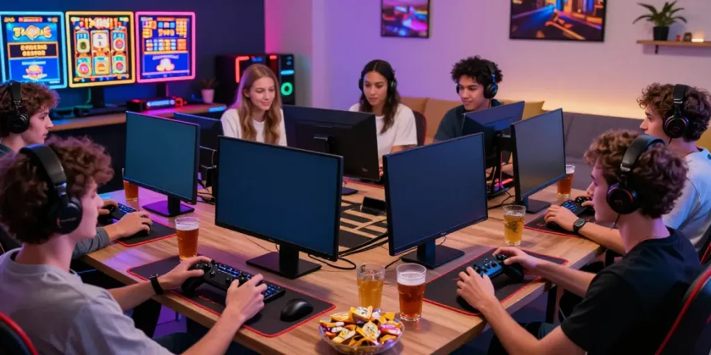 Group of friends enjoying gaming at TX88 platform, showcasing variety of casino games.