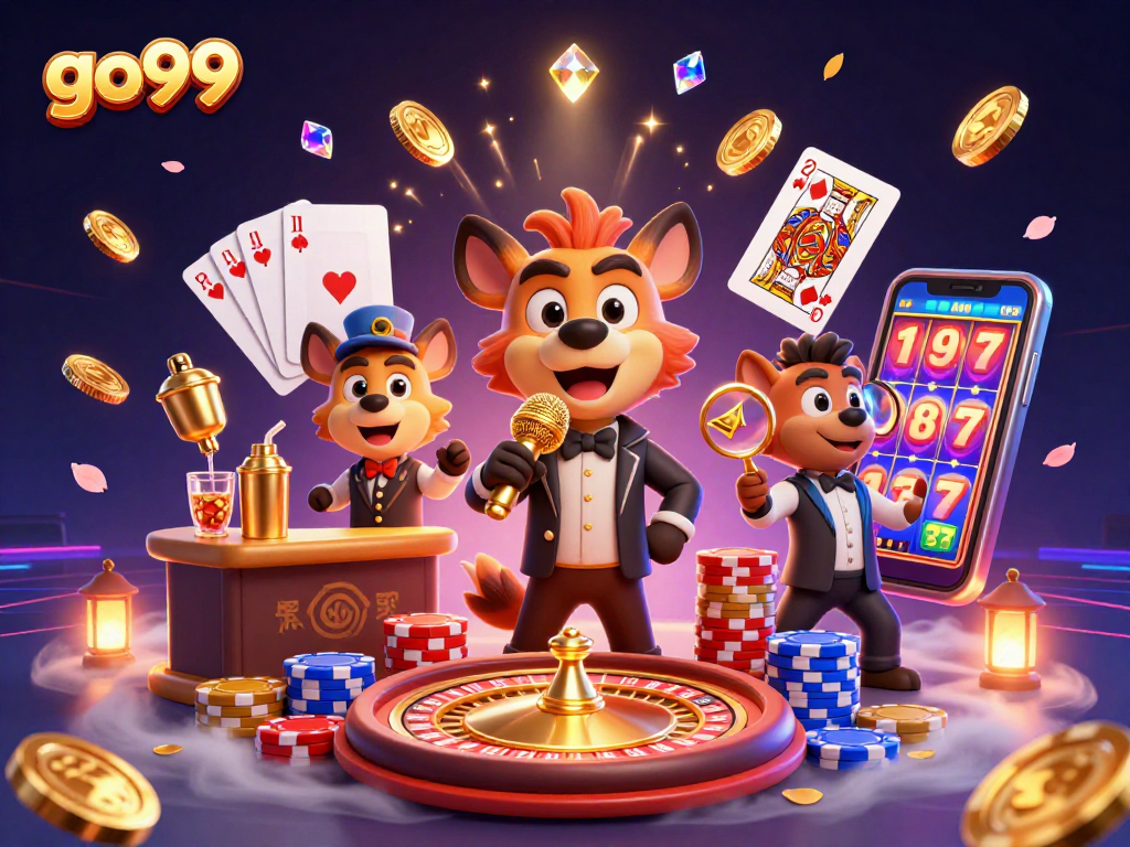 Experience the lively atmosphere of go99 casino with hyenas enjoying their roles in a vibrant 3D illustration.