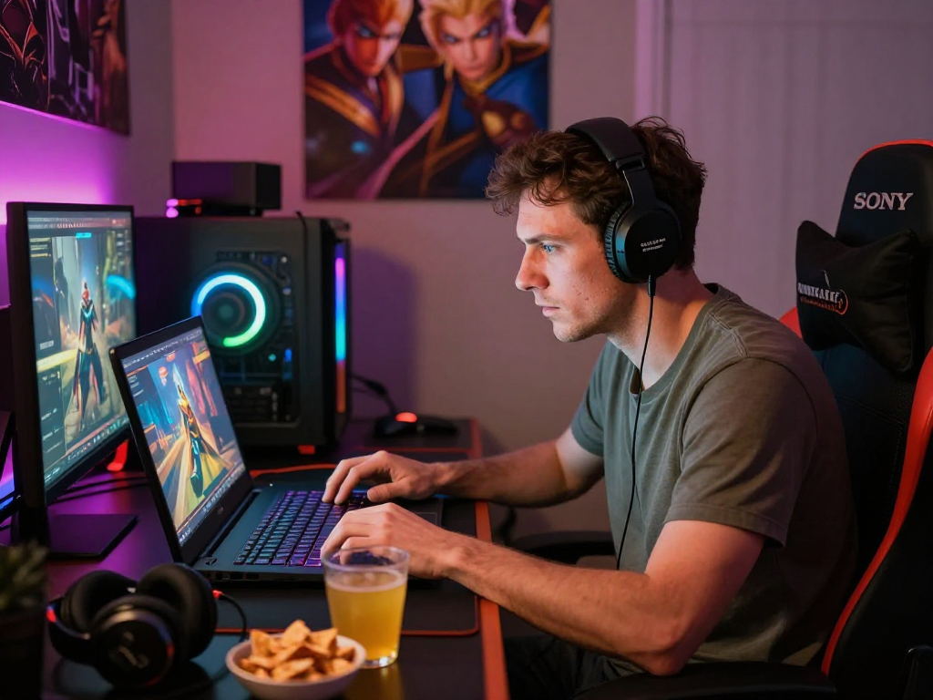 Engaged gamer playing an interactive porngame on a modern gaming laptop with immersive atmosphere and vibrant decor.