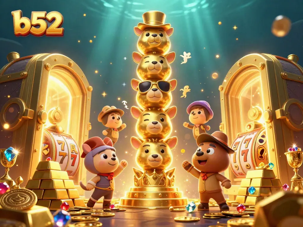 Spin the b52 slots with exciting golden treasures and vibrant casino elements in this colorful illustration.