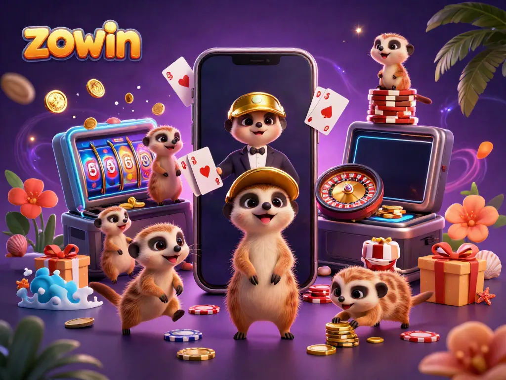 Zowin's meerkat casino scene featuring vibrant slot games and exciting chip action.