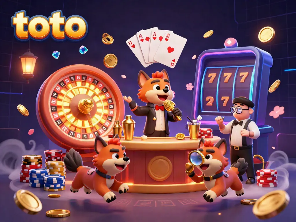 Toto-themed vibrant casino scene with cartoon hyenas engaging in comedic acts and gaming activities.