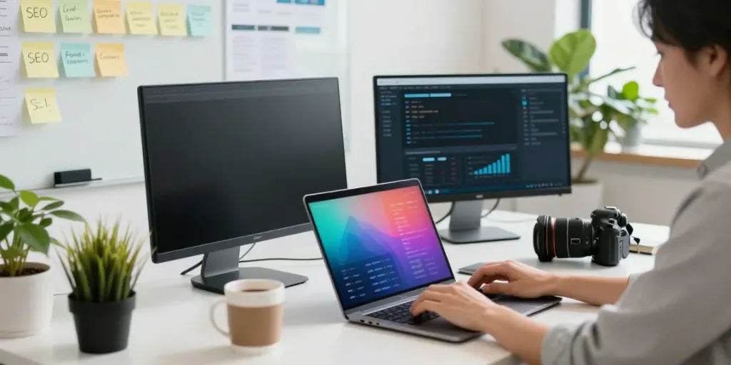 Marketer reviewing analytics for instant indexing strategies in a modern workspace.