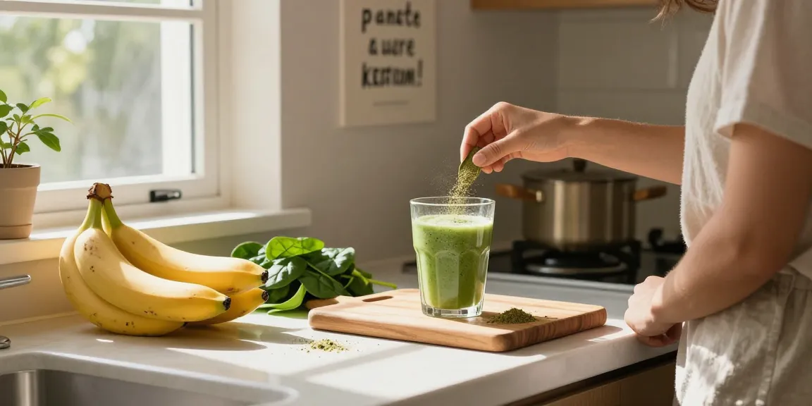 Green elephant kratom powder being mixed into a smoothie with fresh fruits in a bright kitchen.