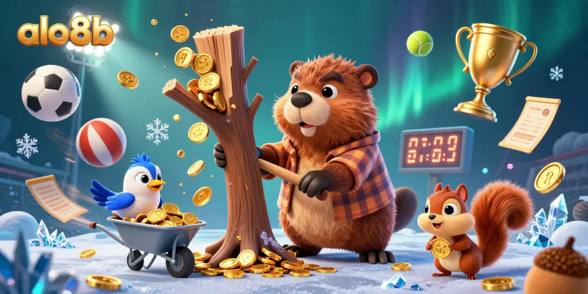 Bet on fun with the dynamic scene of alo8b casino, featuring cartoon beaver collecting golden coins.