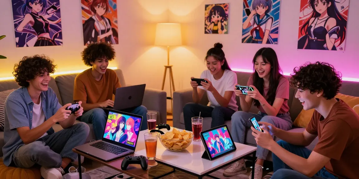 Group of friends enjoying ecchi games in a stylish living room, showcasing diverse gaming devices and vibrant atmosphere.