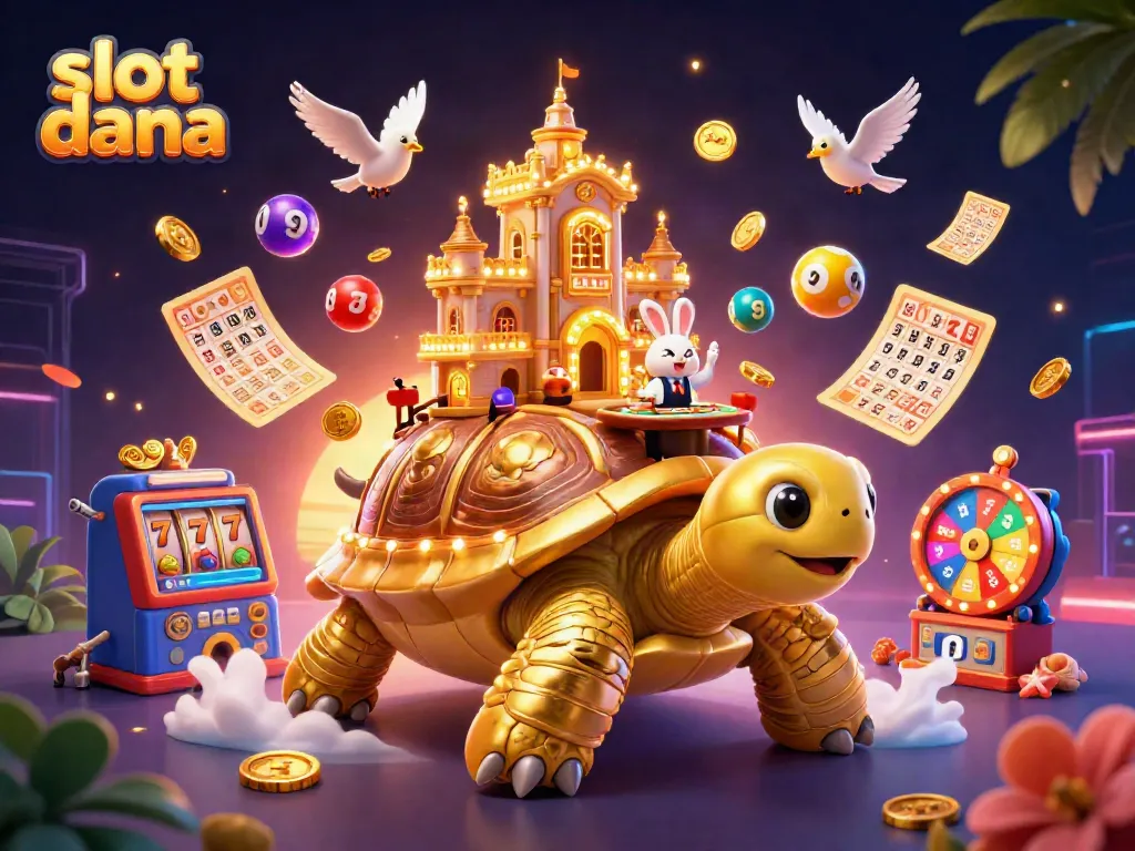 Experience slot dana with a vibrant scene of a golden tortoise casino and charming rabbit dealer.